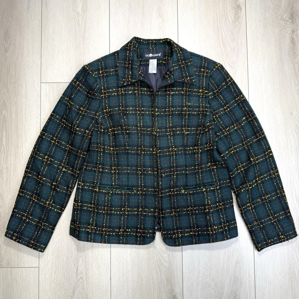 VTG Sag Harbor Preppy Women's Sz 14 Plaid Zip Jacket Polyester Blend Lined Green